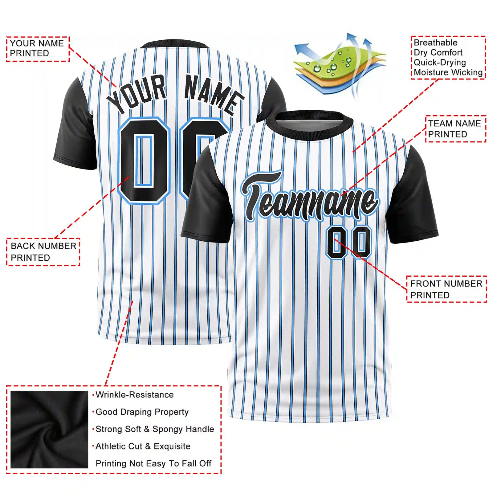 Custom White Powder Blue-Black Pinstripe Pattern Design Performance T-Shirt