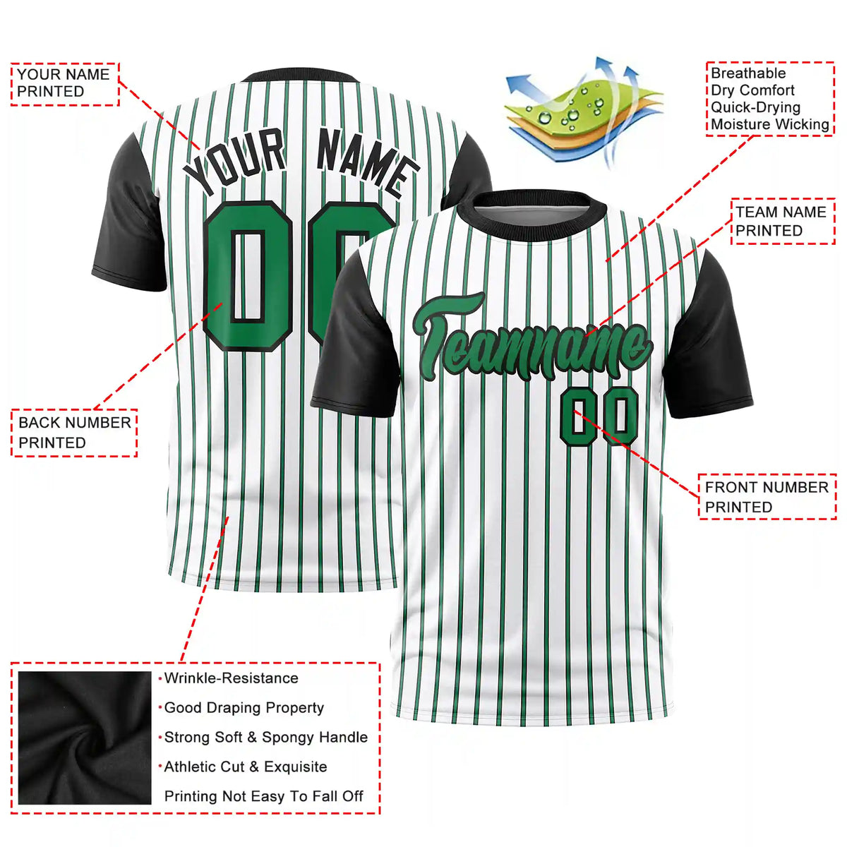 Custom White Kelly Green-Black Pinstripe Pattern Design Performance T-Shirt