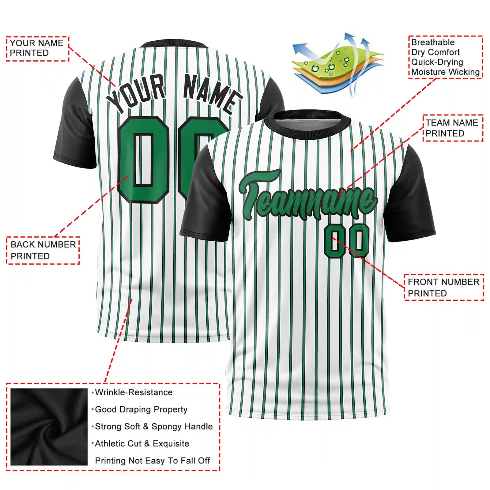 Custom White Kelly Green-Black Pinstripe Pattern Design Performance T-Shirt