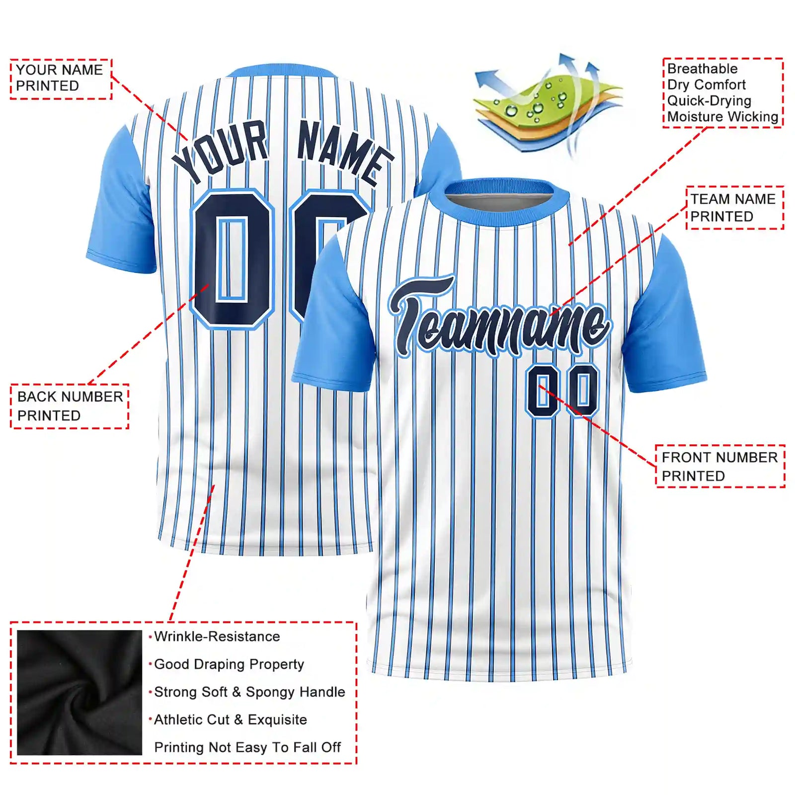 Custom White Navy-Powder Blue Pinstripe Pattern Design Performance T-Shirt