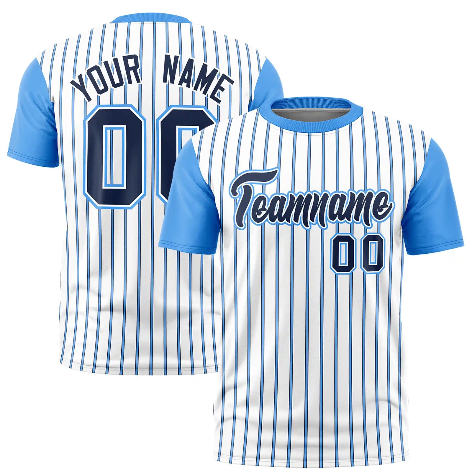 Custom White Navy-Powder Blue Pinstripe Pattern Design Performance T-Shirt
