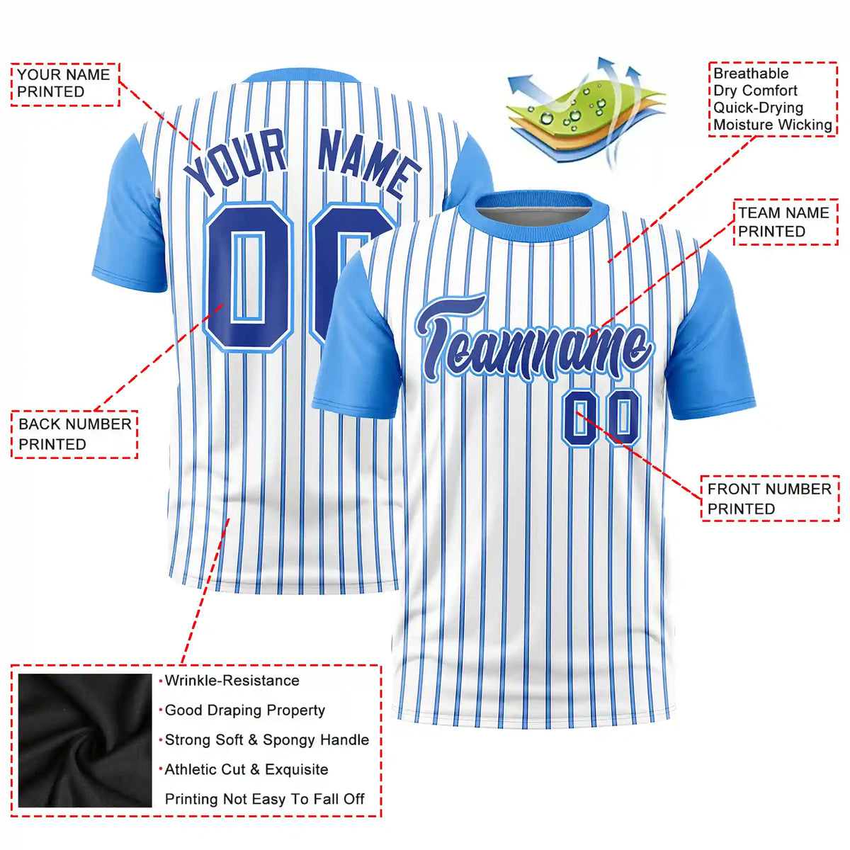 Custom White Royal Blue-Powder Blue Pinstripe Pattern Design Performance T-Shirt