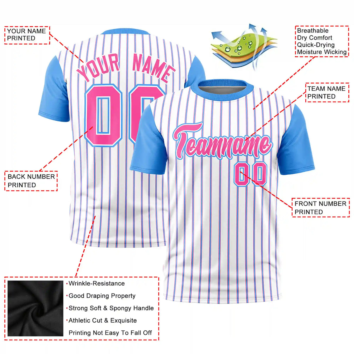 Custom White Pink-Powder Blue Pinstripe Pattern Design Performance T-Shirt