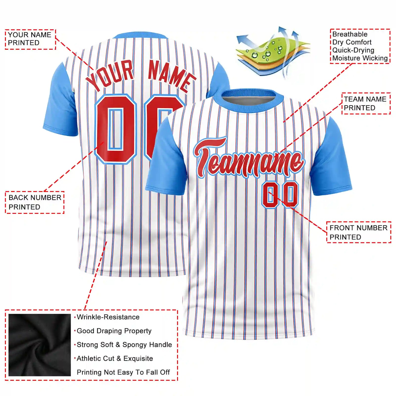 Custom White Red-Powder Blue Pinstripe Pattern Design Performance T-Shirt