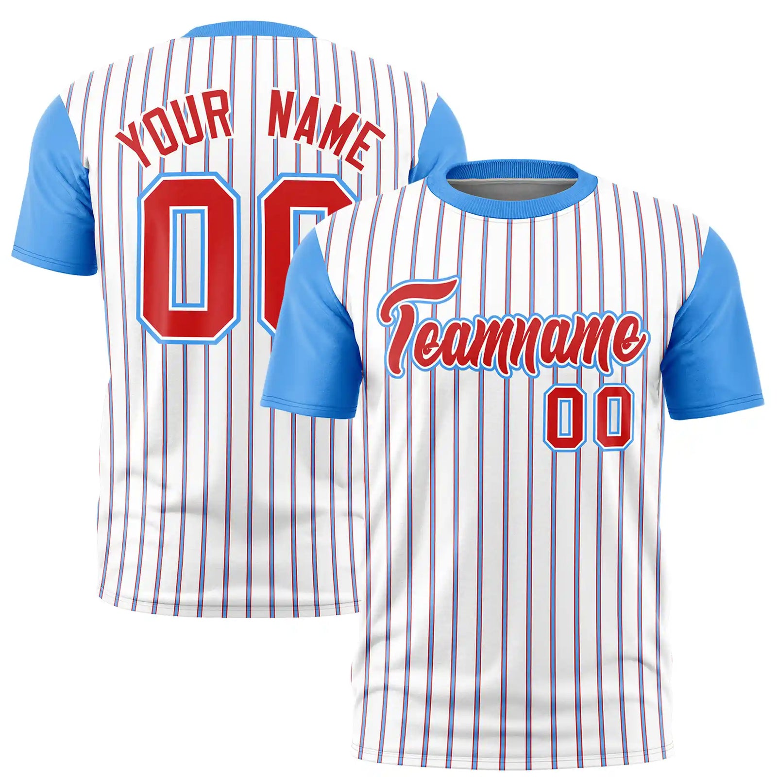 Custom White Red-Powder Blue Pinstripe Pattern Design Performance T-Shirt