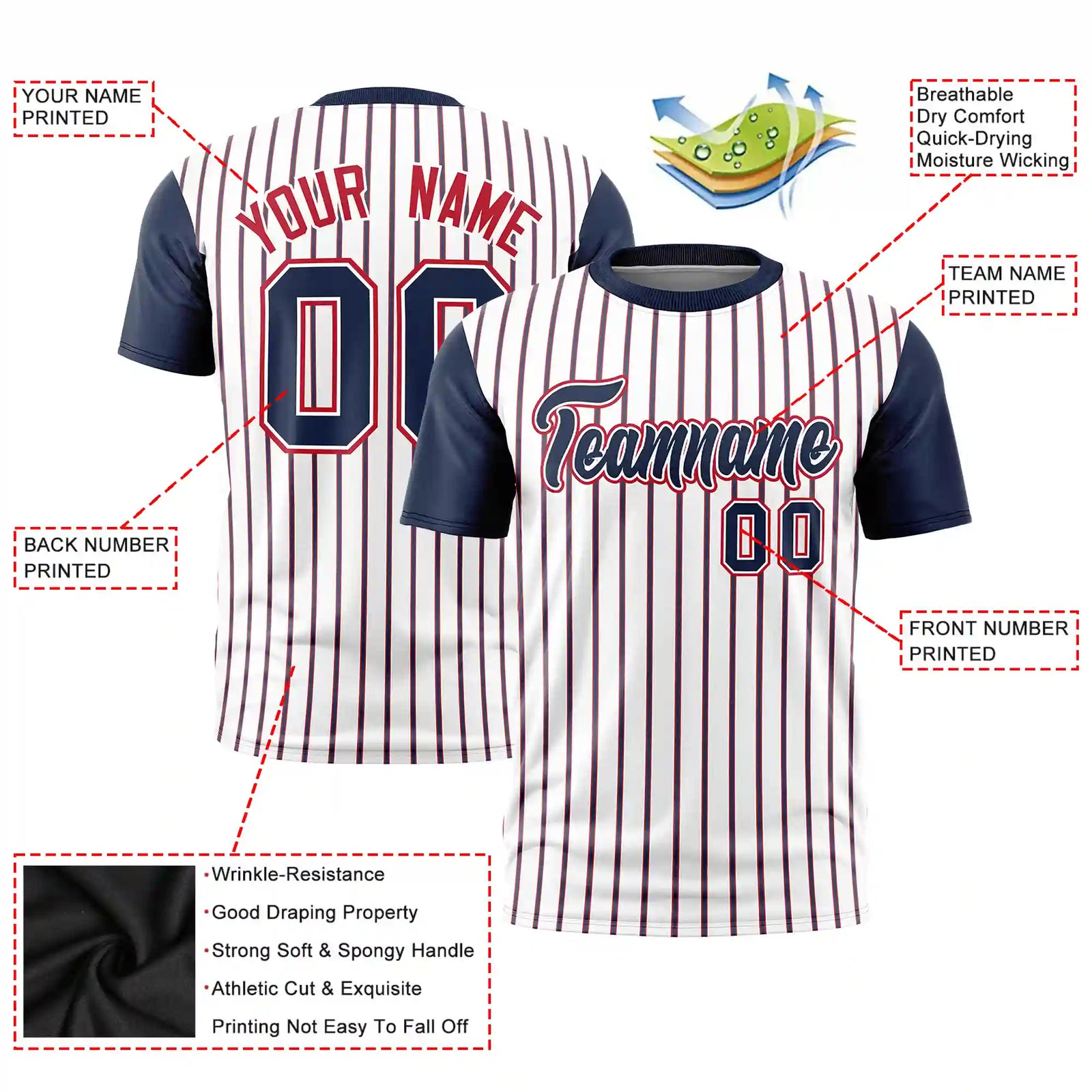 Custom White Red-Navy Pinstripe Pattern Design Performance T-Shirt