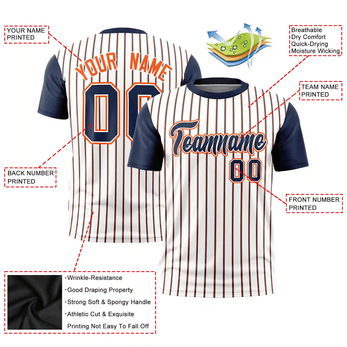Custom White Orange-Navy Pinstripe Pattern Design Performance T-Shirt