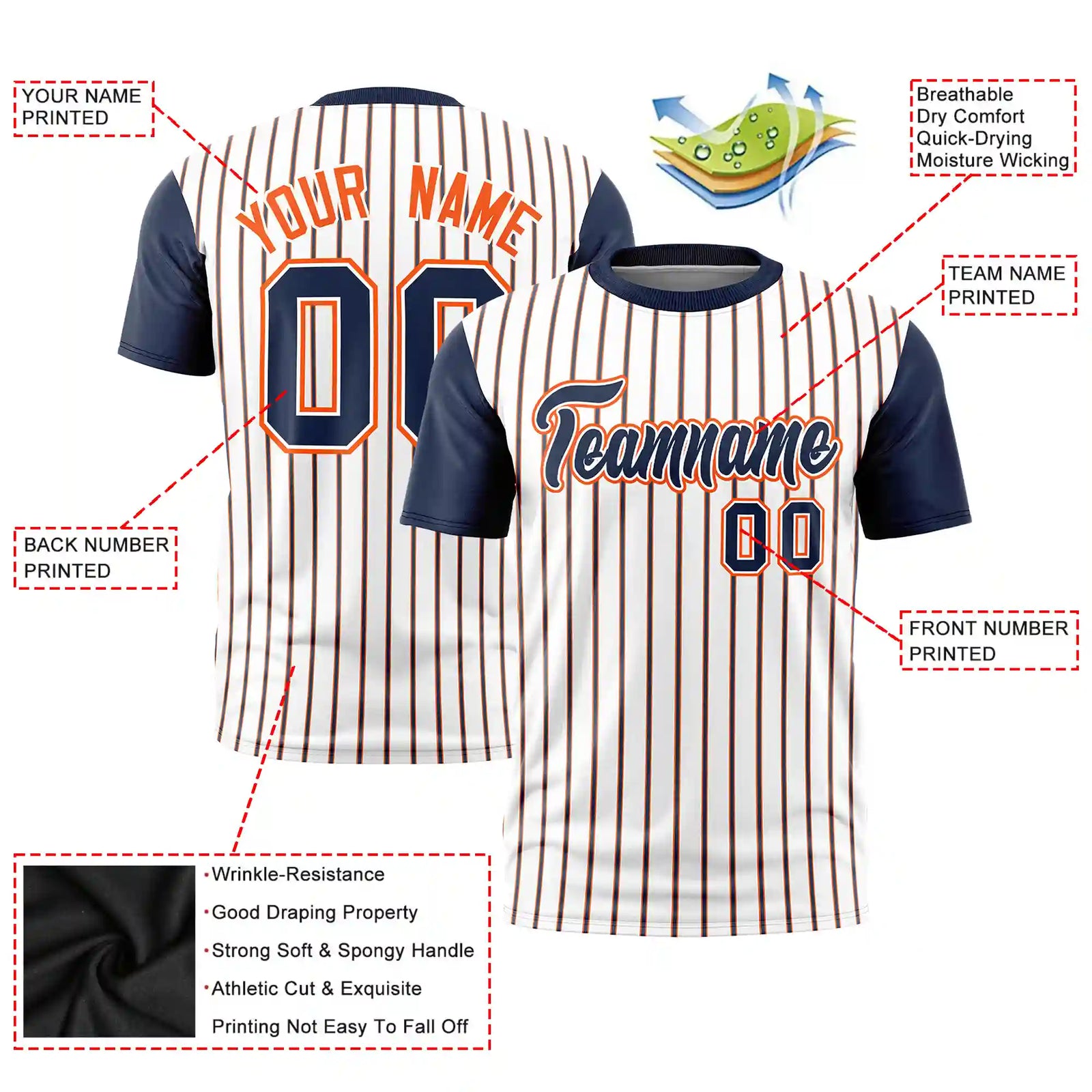 Custom White Orange-Navy Pinstripe Pattern Design Performance T-Shirt