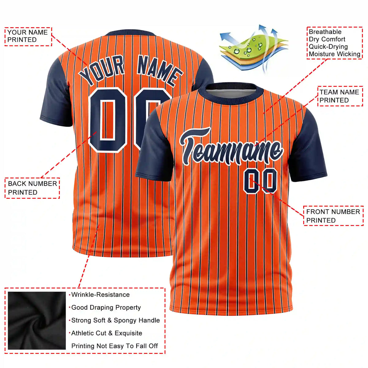 Custom Orange White-Navy Pinstripe Pattern Design Performance T-Shirt