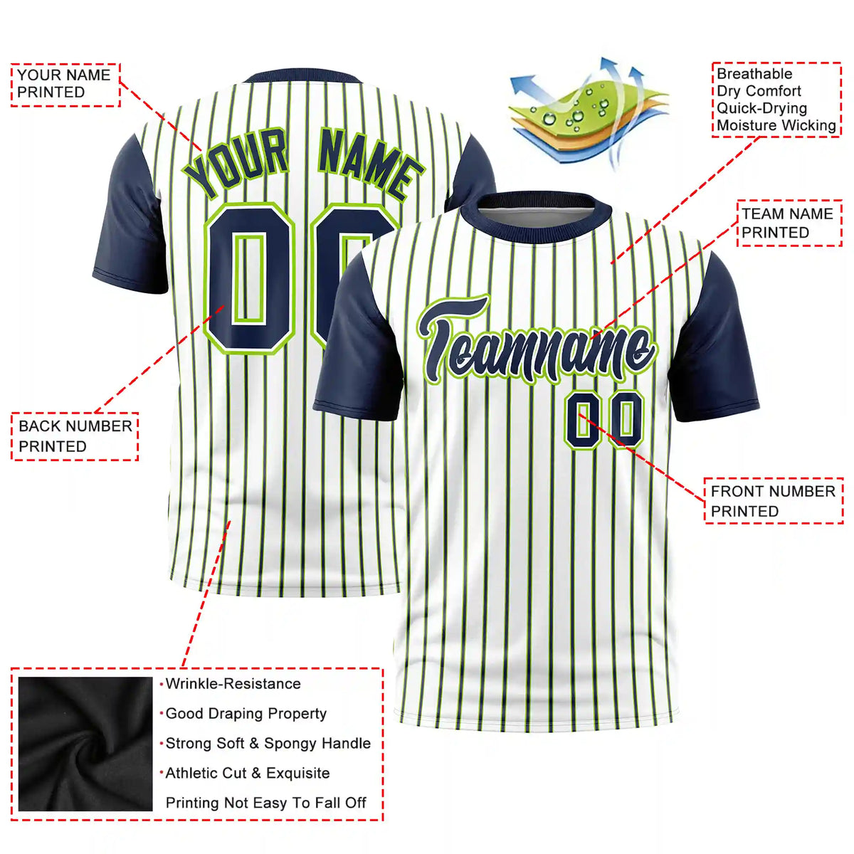 Custom White Neon Green-Navy Pinstripe Pattern Design Performance T-Shirt