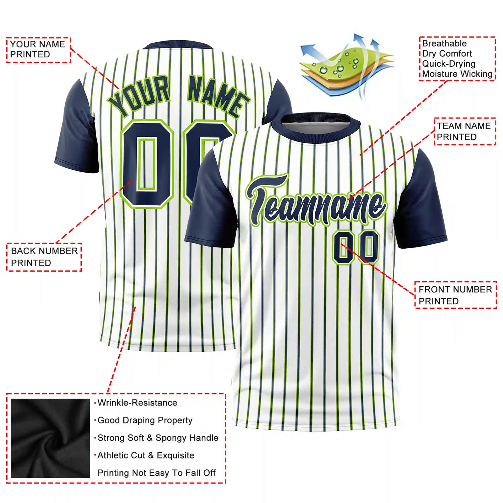 Custom White Neon Green-Navy Pinstripe Pattern Design Performance T-Shirt