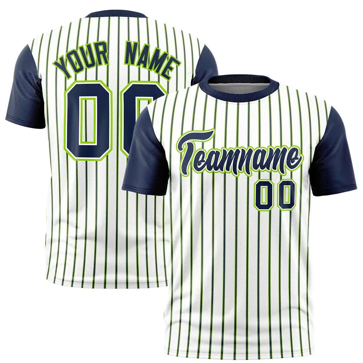 Custom White Neon Green-Navy Pinstripe Pattern Design Performance T-Shirt