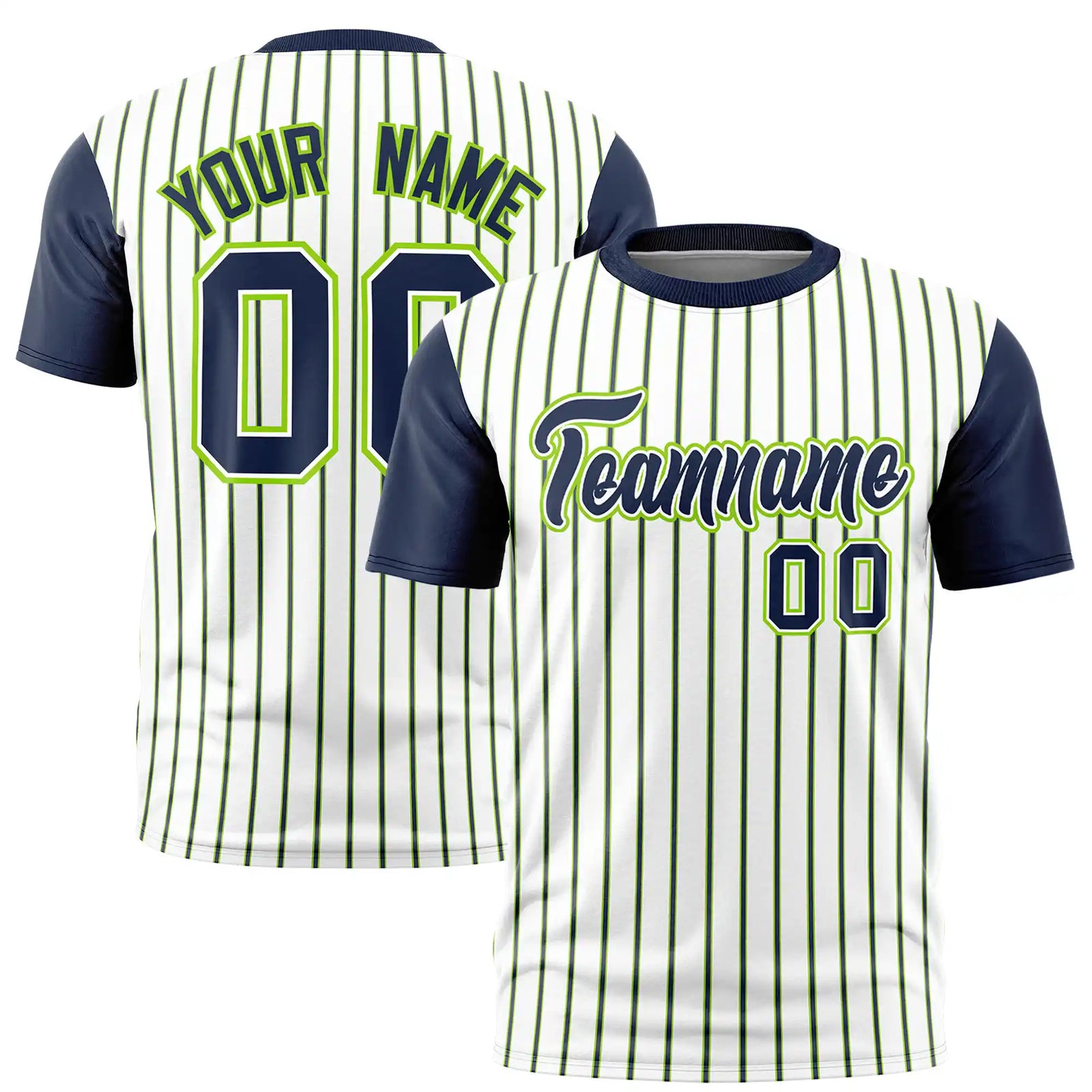 Custom White Neon Green-Navy Pinstripe Pattern Design Performance T-Shirt