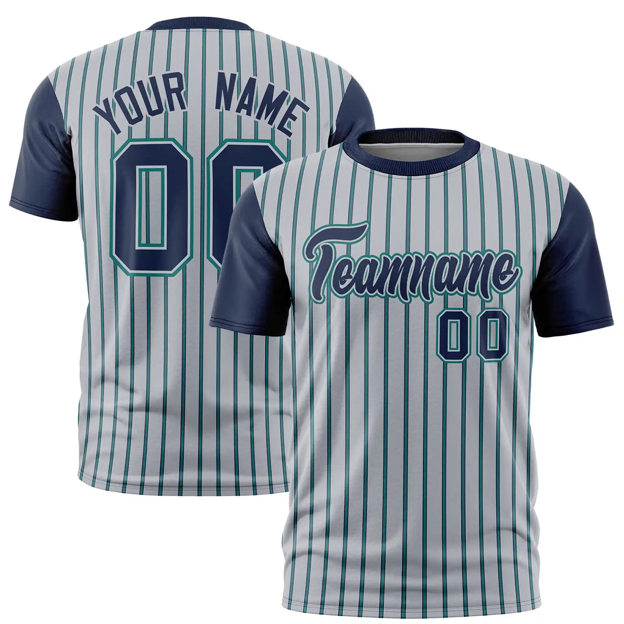 Custom Gray Aqua-Navy Pinstripe Pattern Design Performance T-Shirt