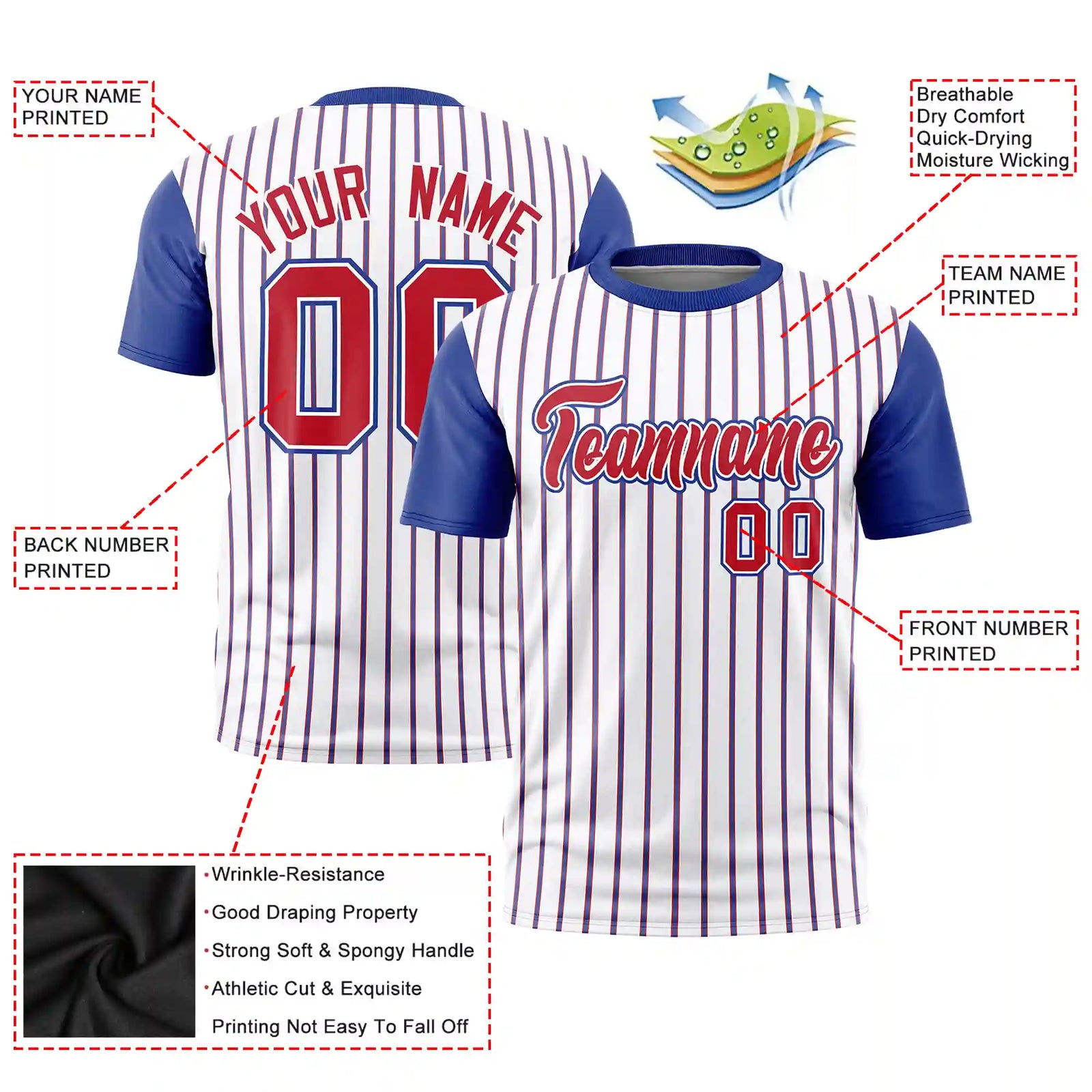 Custom White Red-Royal Blue Pinstripe Pattern Design Performance T-Shirt