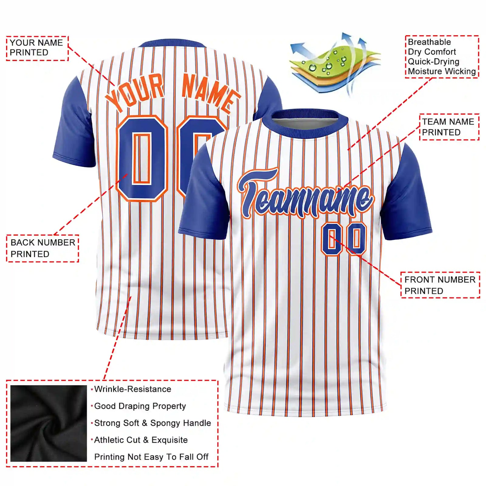 Custom White Orange-Royal Blue Pinstripe Pattern Design Performance T-Shirt