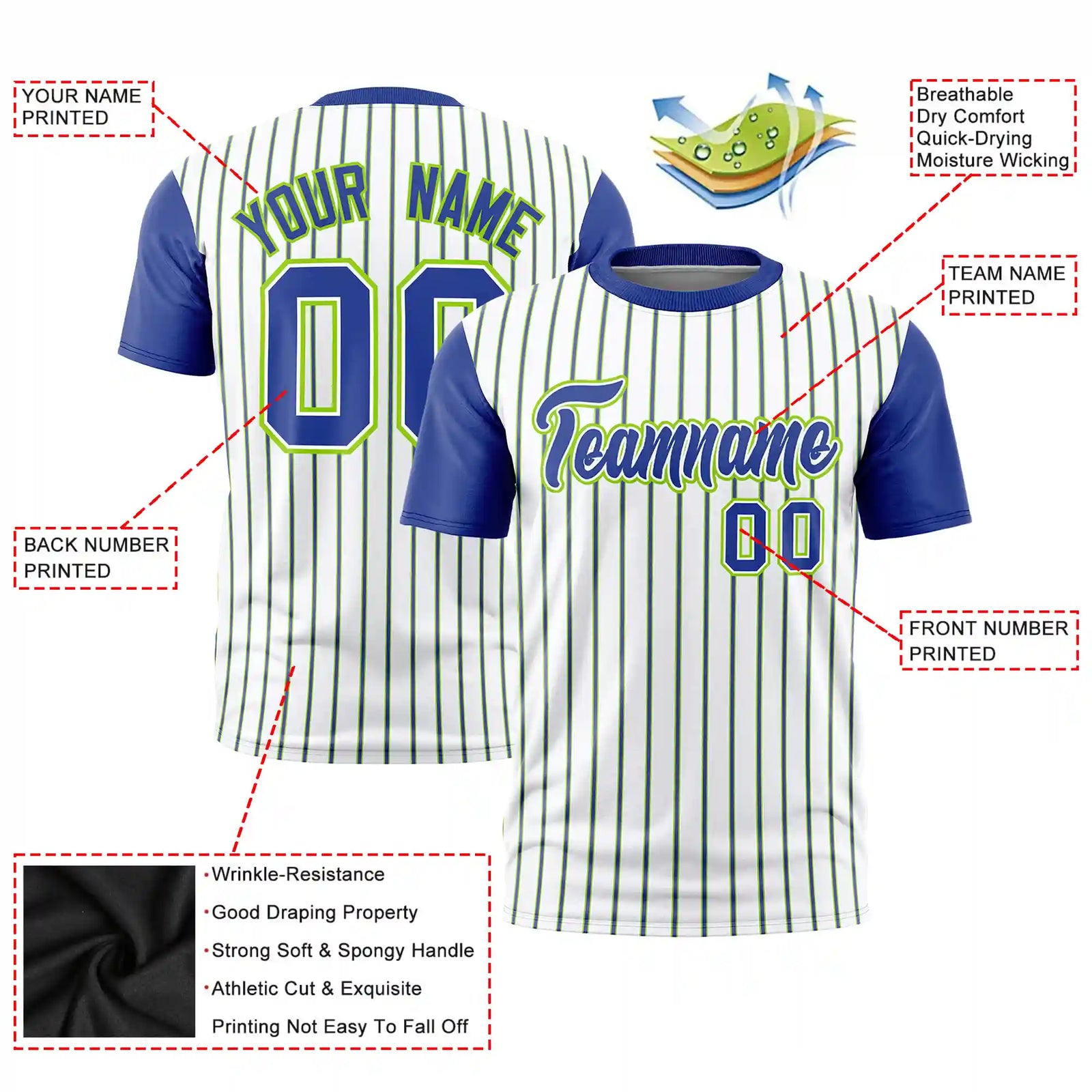 Custom White Neon Green-Royal Blue Pinstripe Pattern Design Performance T-Shirt