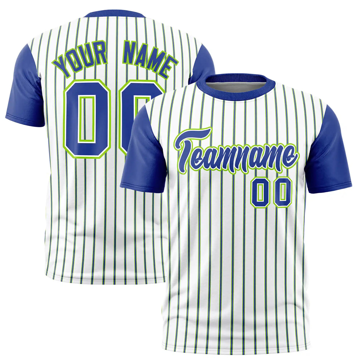 Custom White Neon Green-Royal Blue Pinstripe Pattern Design Performance T-Shirt