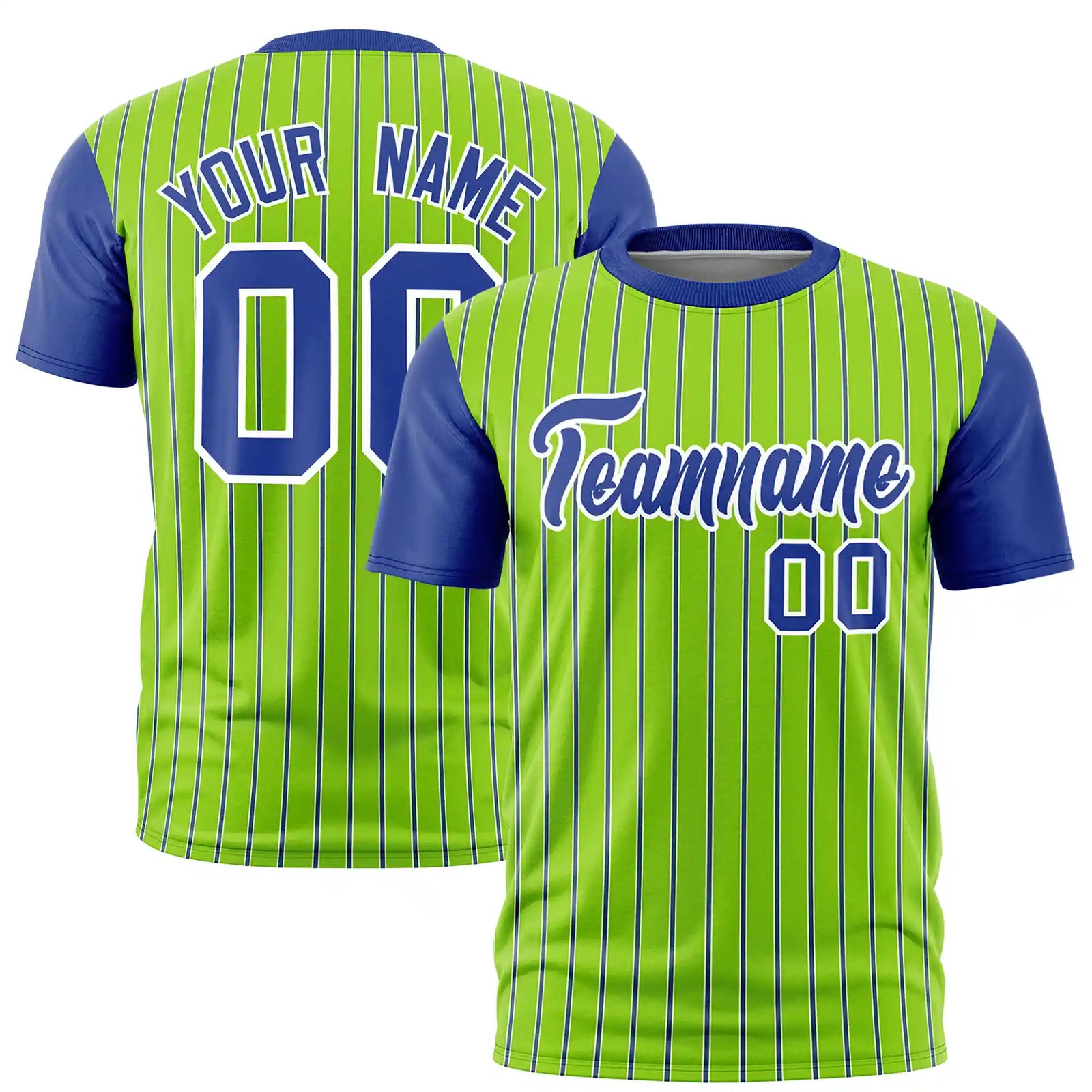 Custom Neon Green White-Royal Blue Pinstripe Pattern Design Performance T-Shirt
