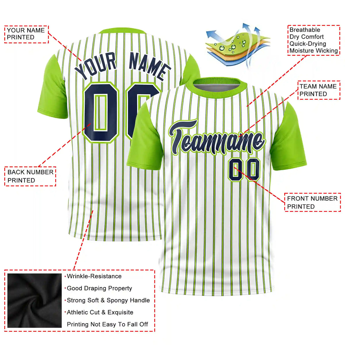 Custom White Navy-Neon Green Pinstripe Pattern Design Performance T-Shirt