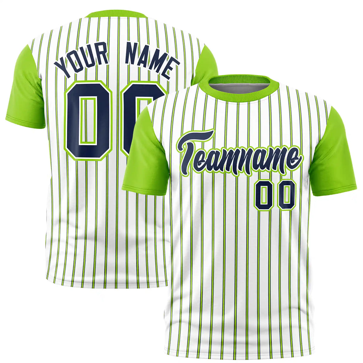 Custom White Navy-Neon Green Pinstripe Pattern Design Performance T-Shirt