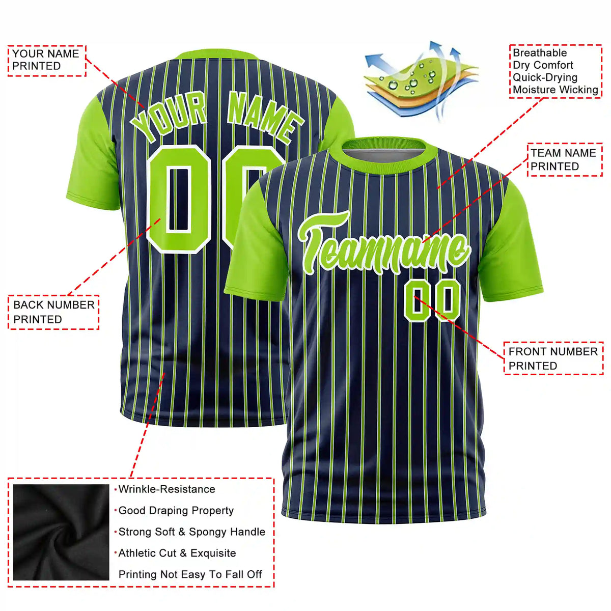 Custom Navy White-Neon Green Pinstripe Pattern Design Performance T-Shirt