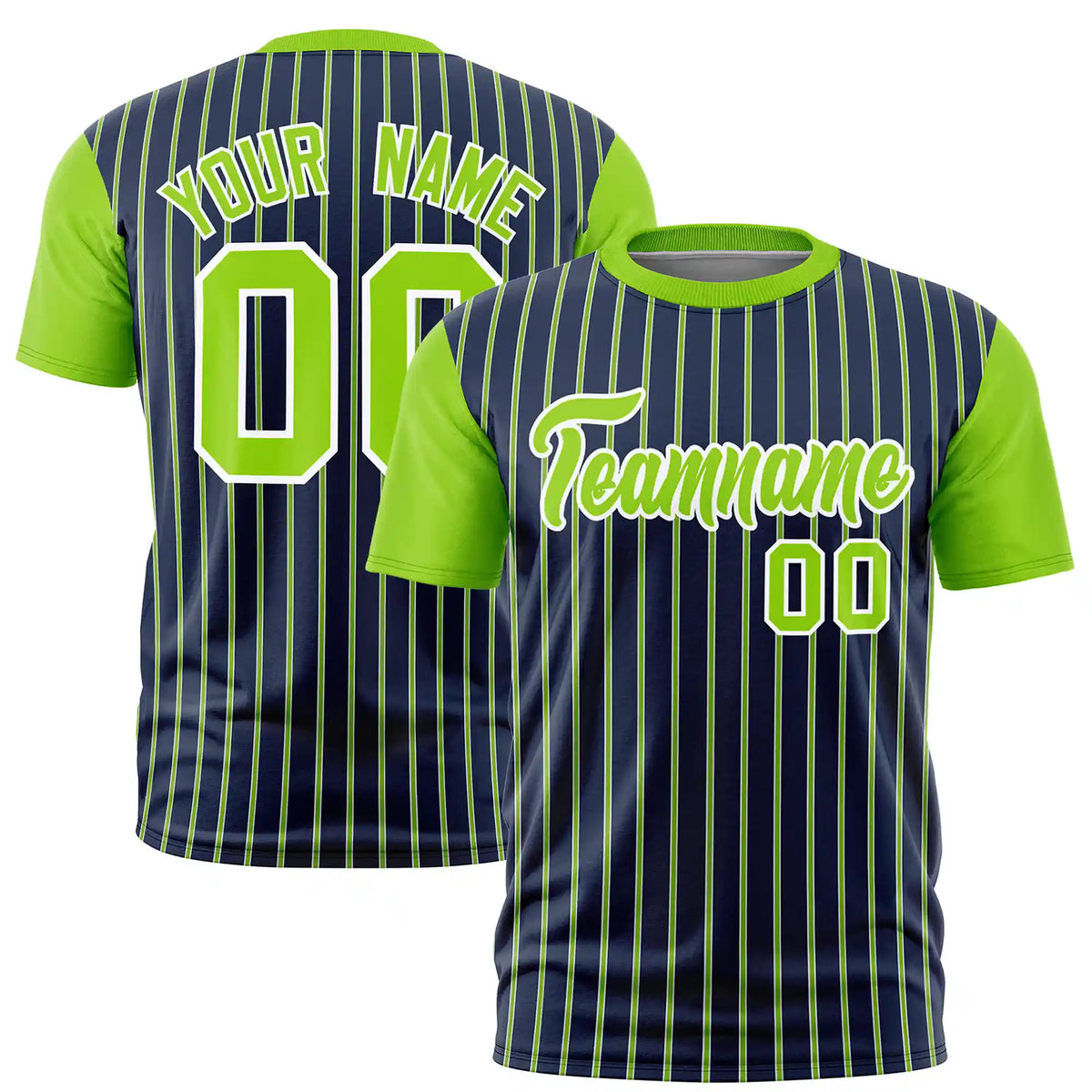 Custom Navy White-Neon Green Pinstripe Pattern Design Performance T-Shirt