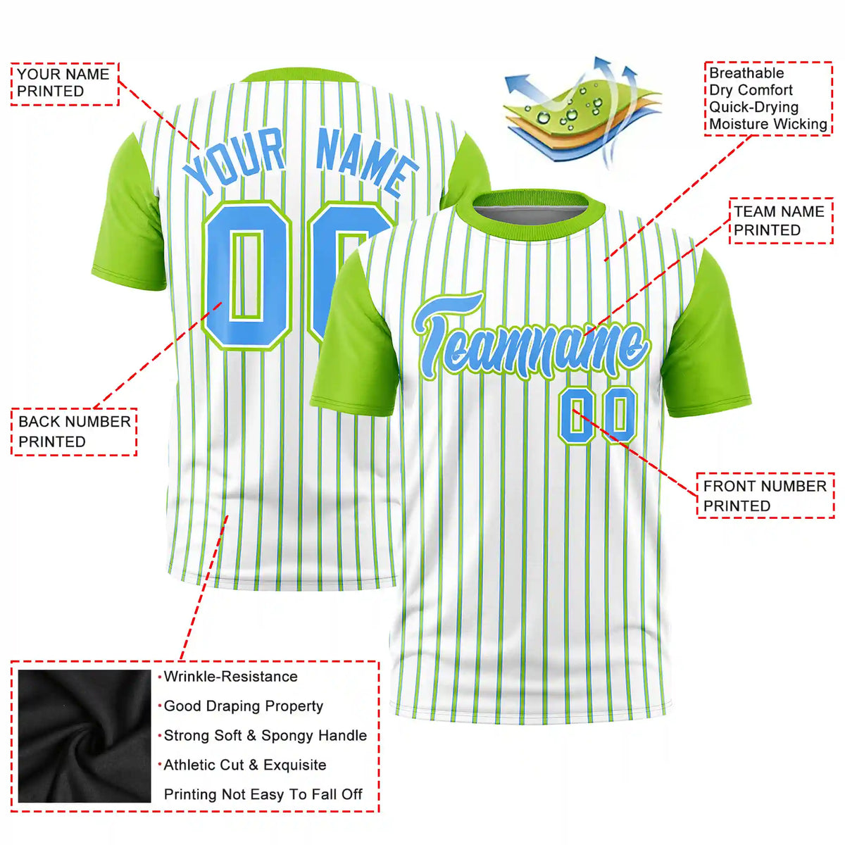 Custom White Powder Blue-Neon Green Pinstripe Pattern Design Performance T-Shirt
