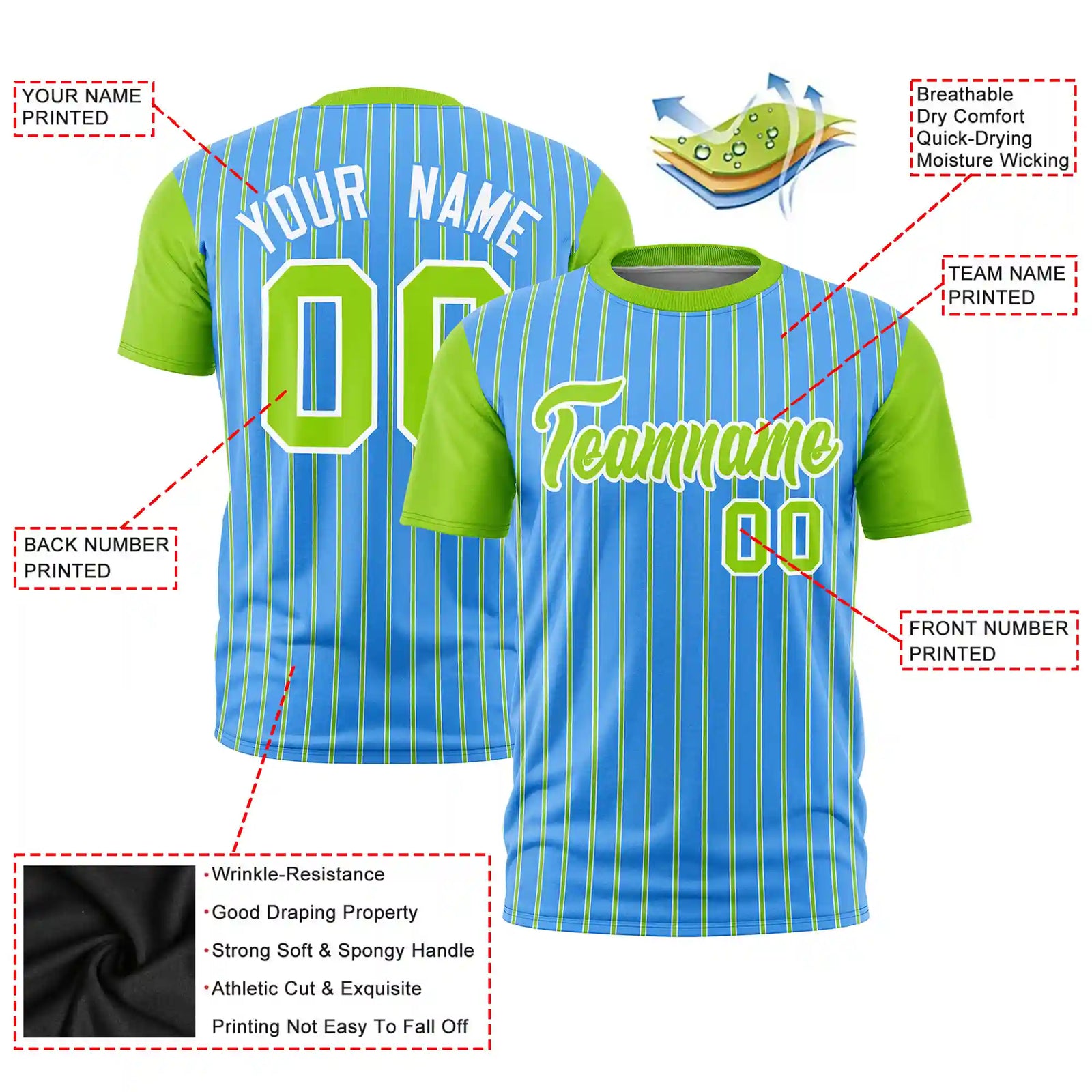 Custom Powder Blue White-Neon Green Pinstripe Pattern Design Performance T-Shirt