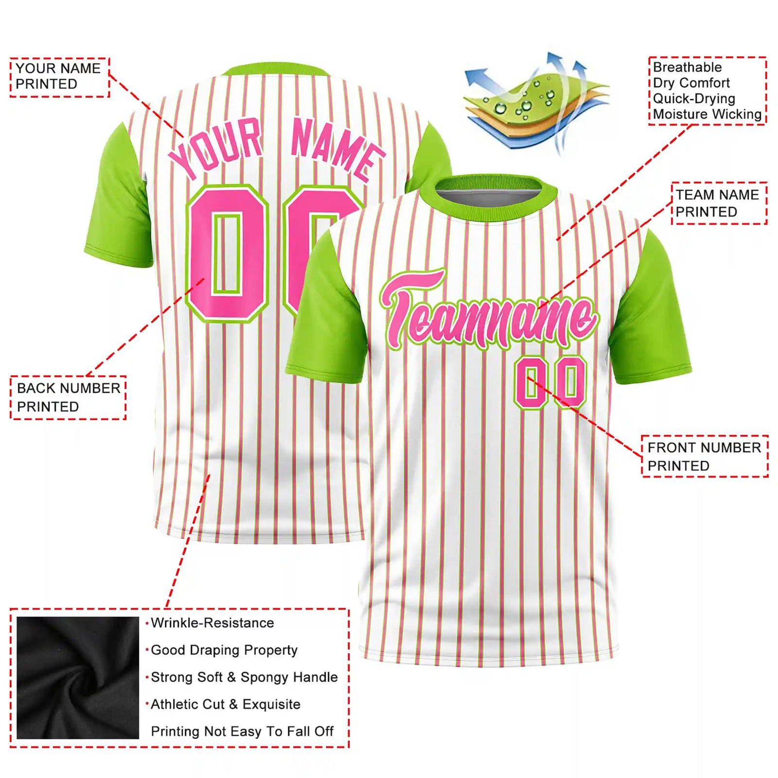 Custom White Pink-Neon Green Pinstripe Pattern Design Performance T-Shirt