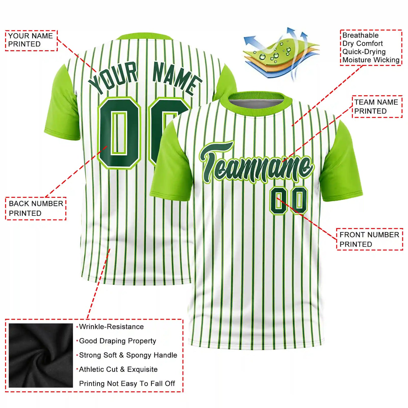 Custom White Green-Neon Green Pinstripe Pattern Design Performance T-Shirt