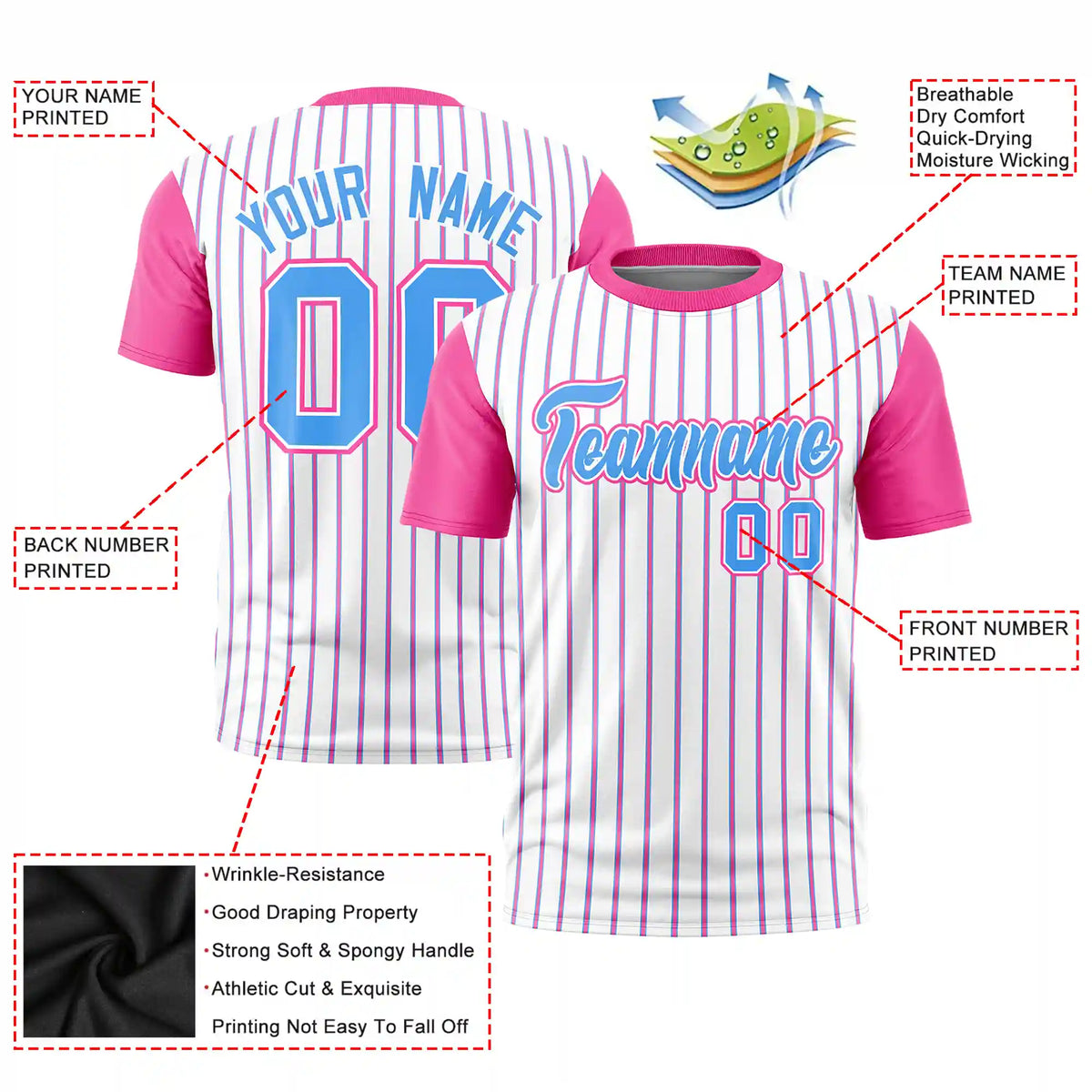 Custom White Powder Blue-Pink Pinstripe Pattern Design Performance T-Shirt