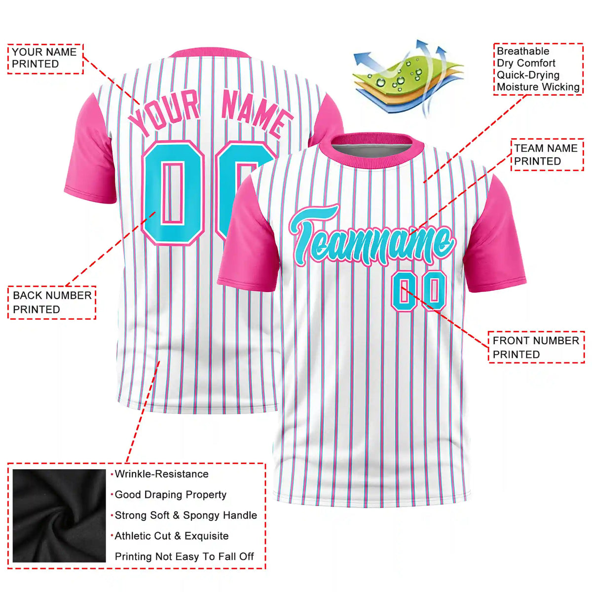 Custom White Sky Blue-Pink Pinstripe Pattern Design Performance T-Shirt