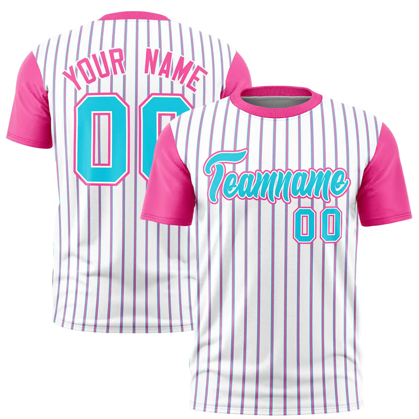 Custom White Sky Blue-Pink Pinstripe Pattern Design Performance T-Shirt