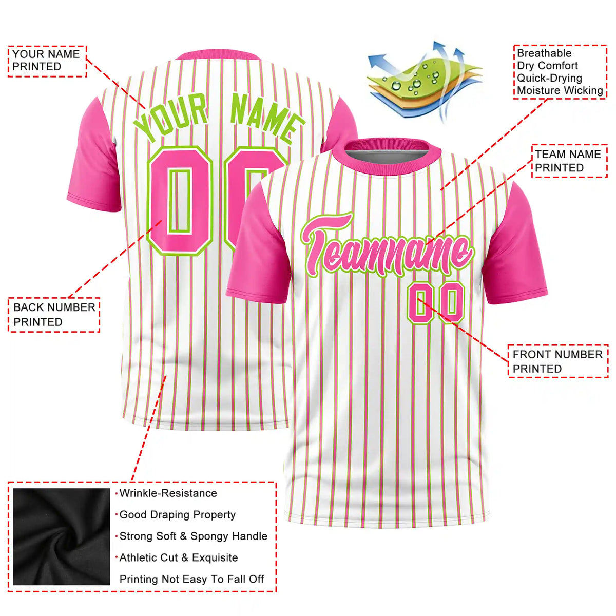 Custom White Neon Green-Pink Pinstripe Pattern Design Performance T-Shirt
