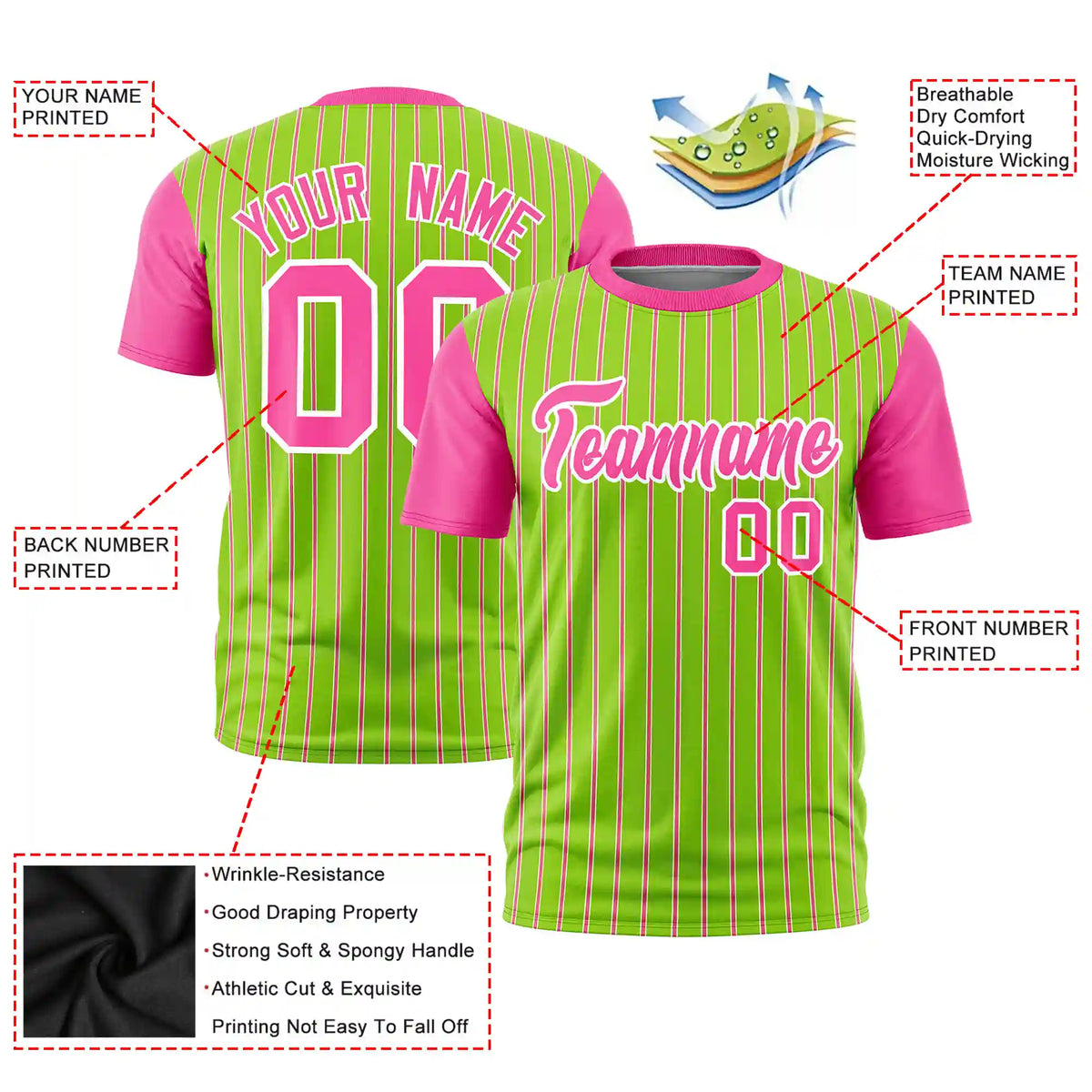 Custom Neon Green White-Pink Pinstripe Pattern Design Performance T-Shirt