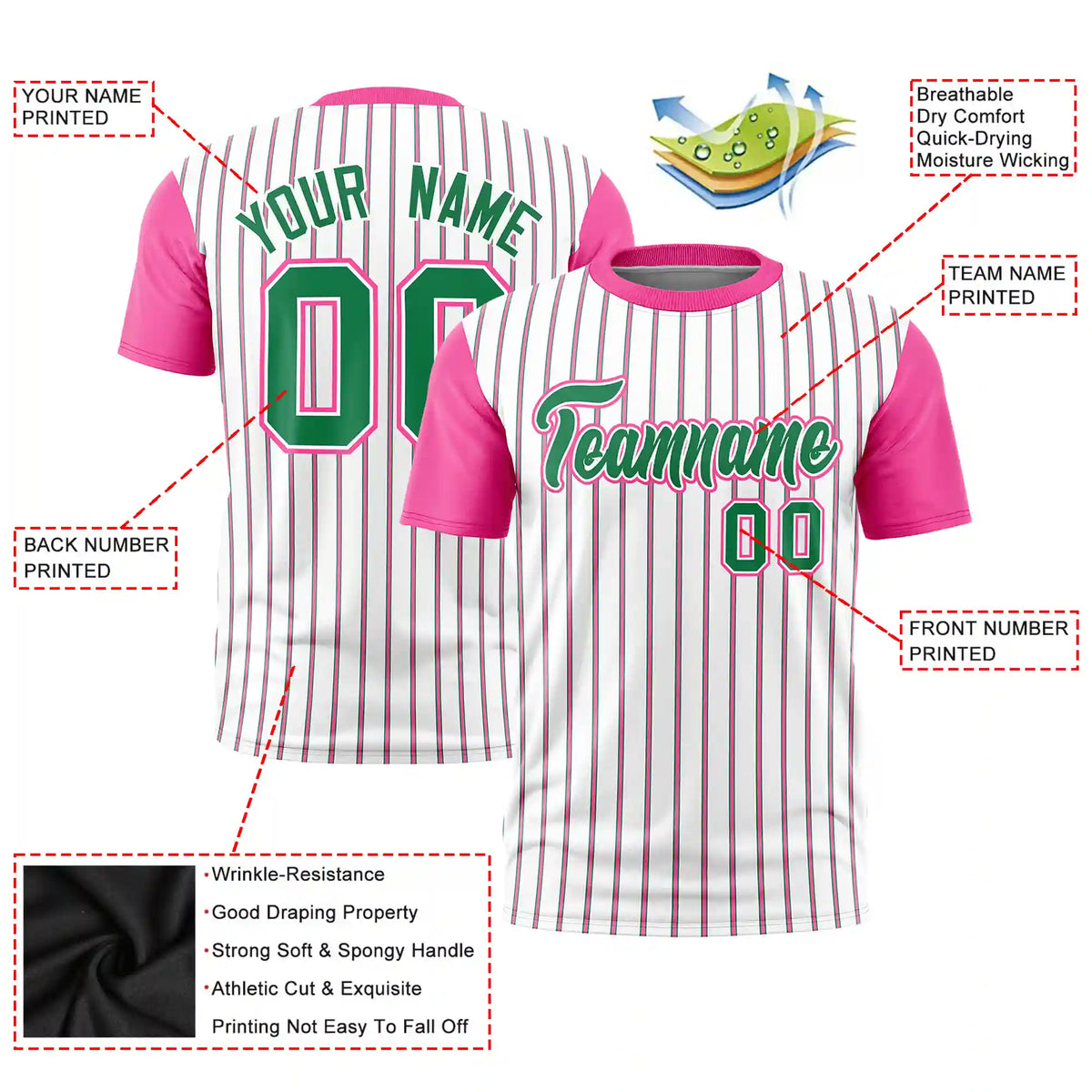 Custom White Kelly Green-Pink Pinstripe Pattern Design Performance T-Shirt