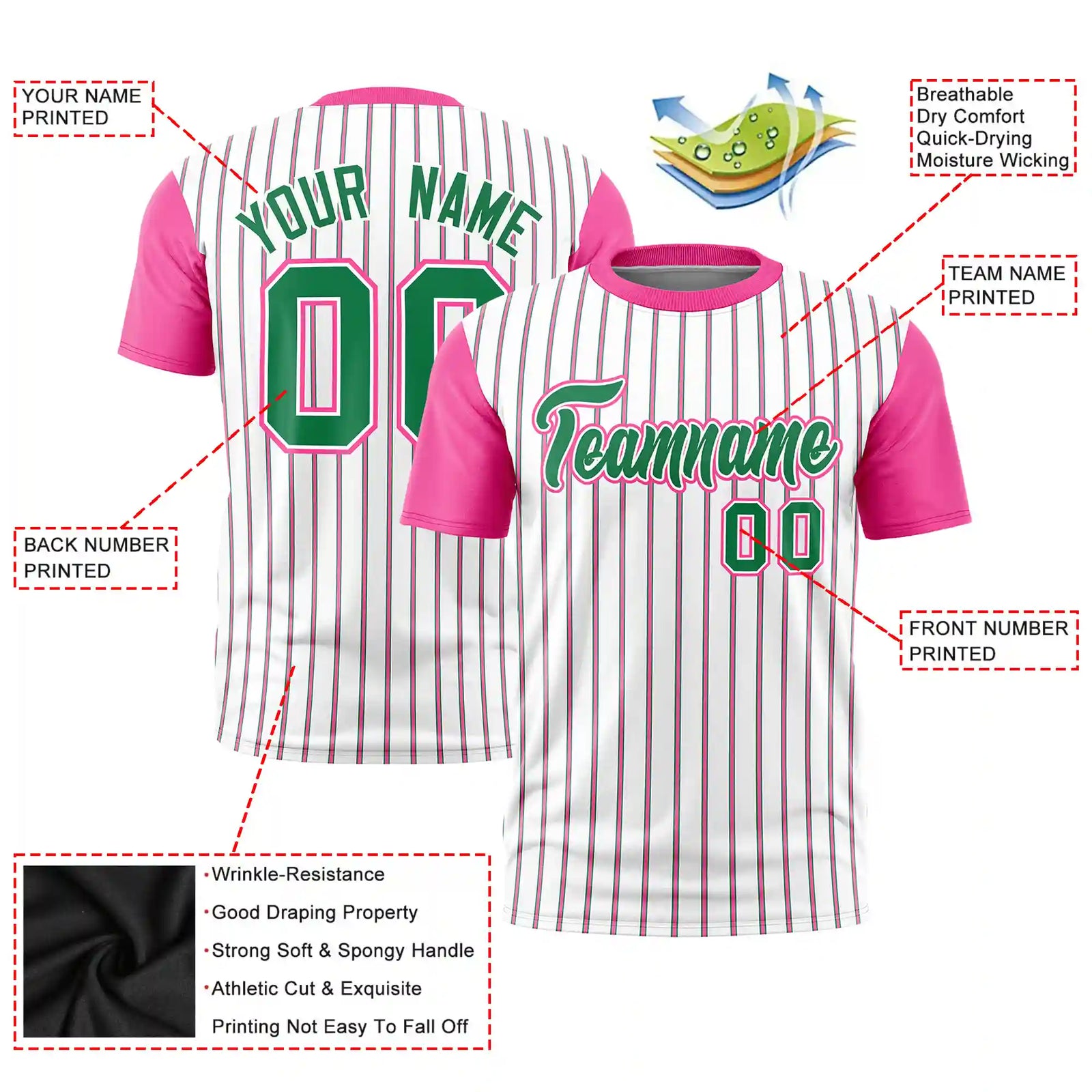 Custom White Kelly Green-Pink Pinstripe Pattern Design Performance T-Shirt