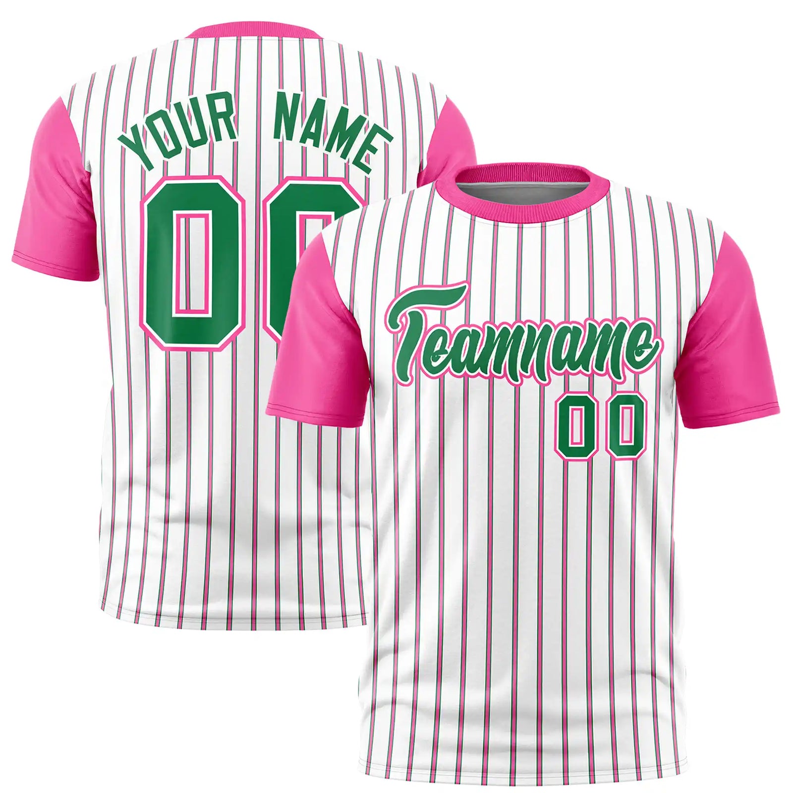 Custom White Kelly Green-Pink Pinstripe Pattern Design Performance T-Shirt
