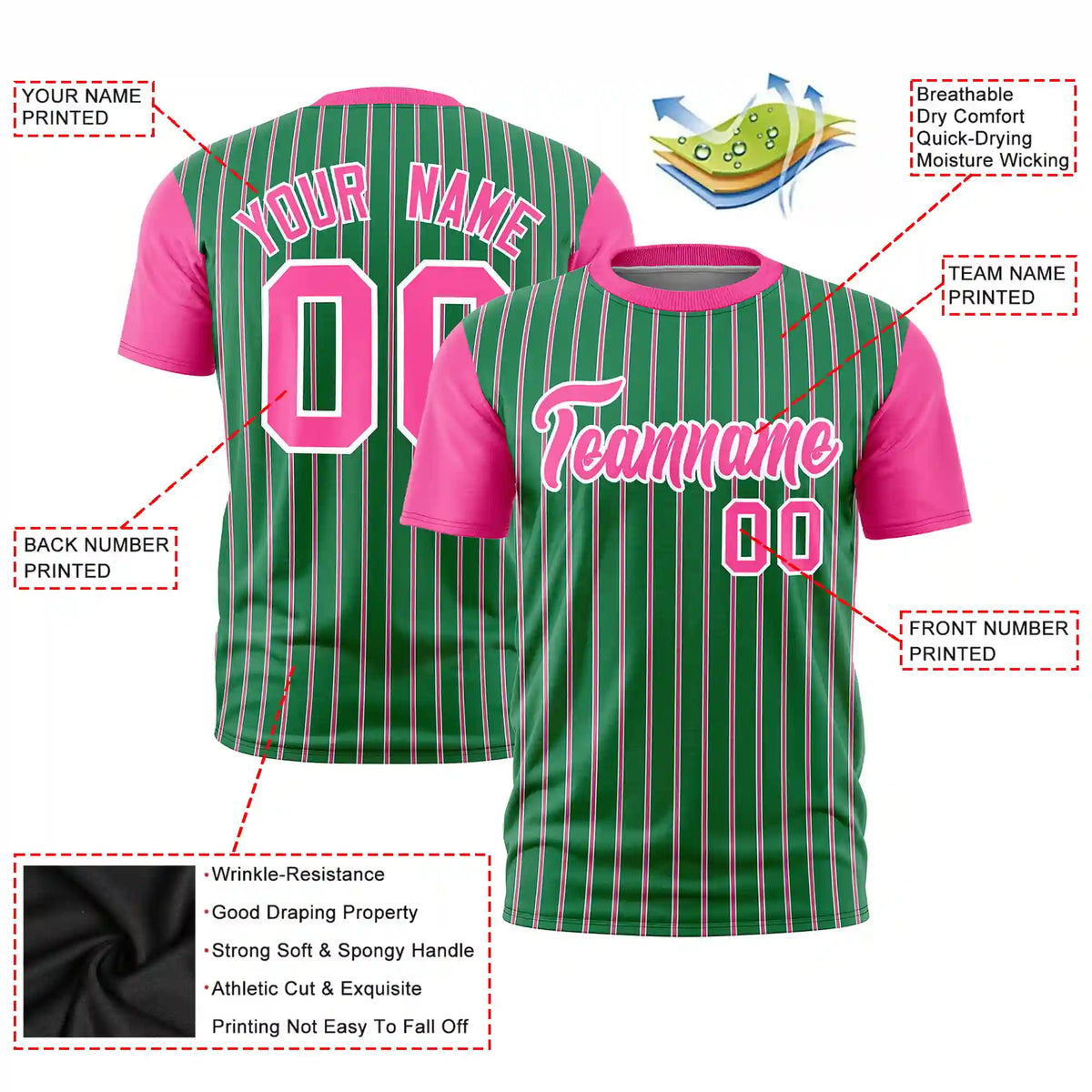 Custom Kelly Green White-Pink Pinstripe Pattern Design Performance T-Shirt