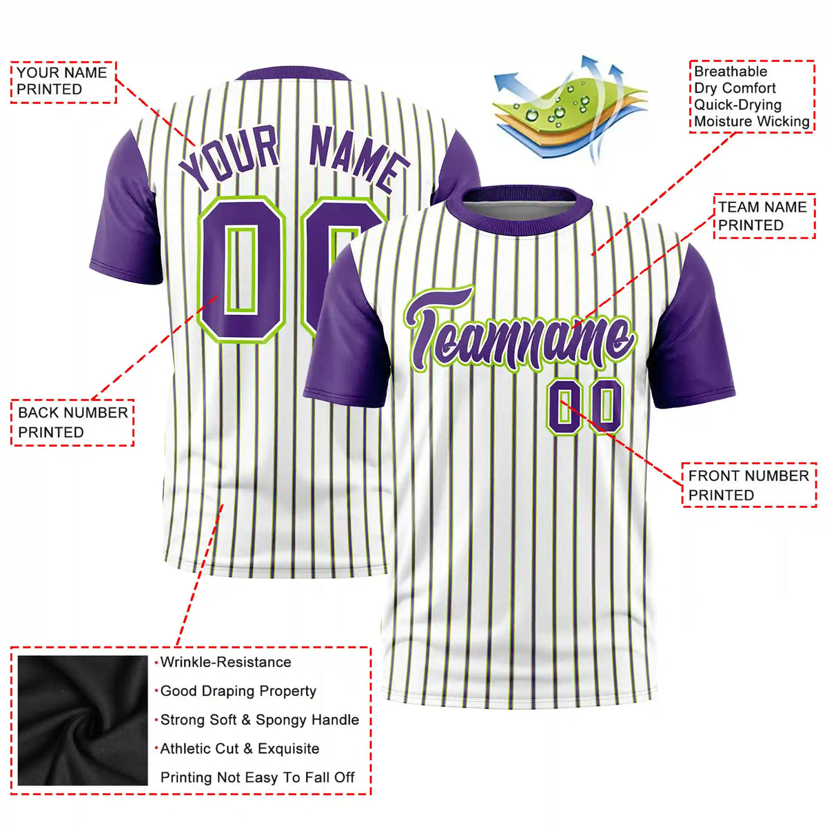 Custom White Neon Green-Purple Pinstripe Pattern Design Performance T-Shirt