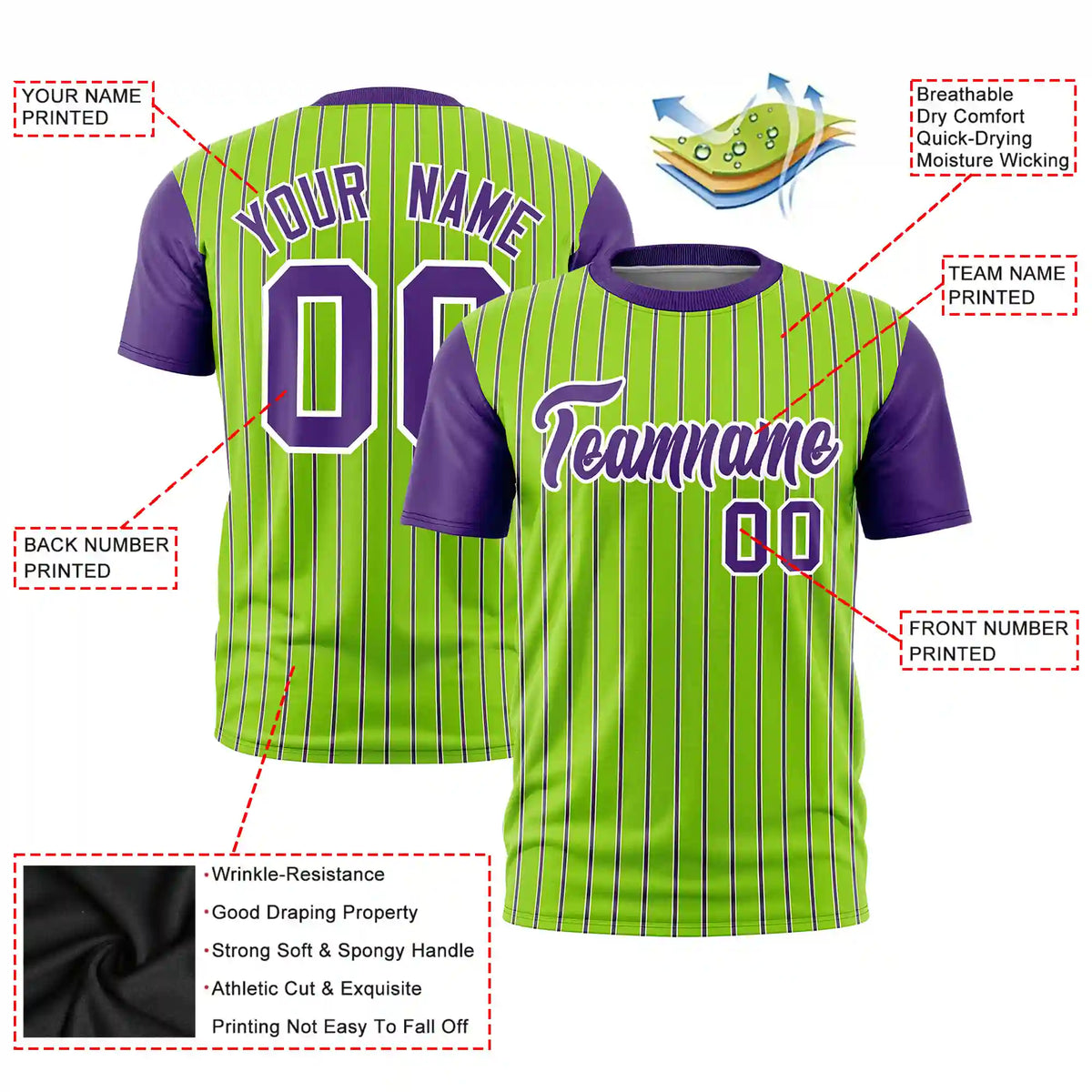 Custom Neon Green White-Purple Pinstripe Pattern Design Performance T-Shirt