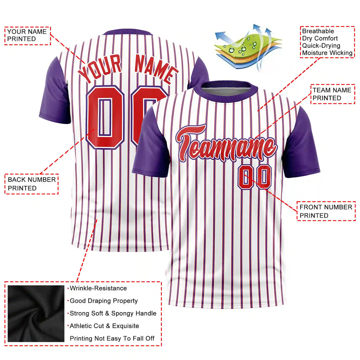 Custom White Red-Purple Pinstripe Pattern Design Performance T-Shirt