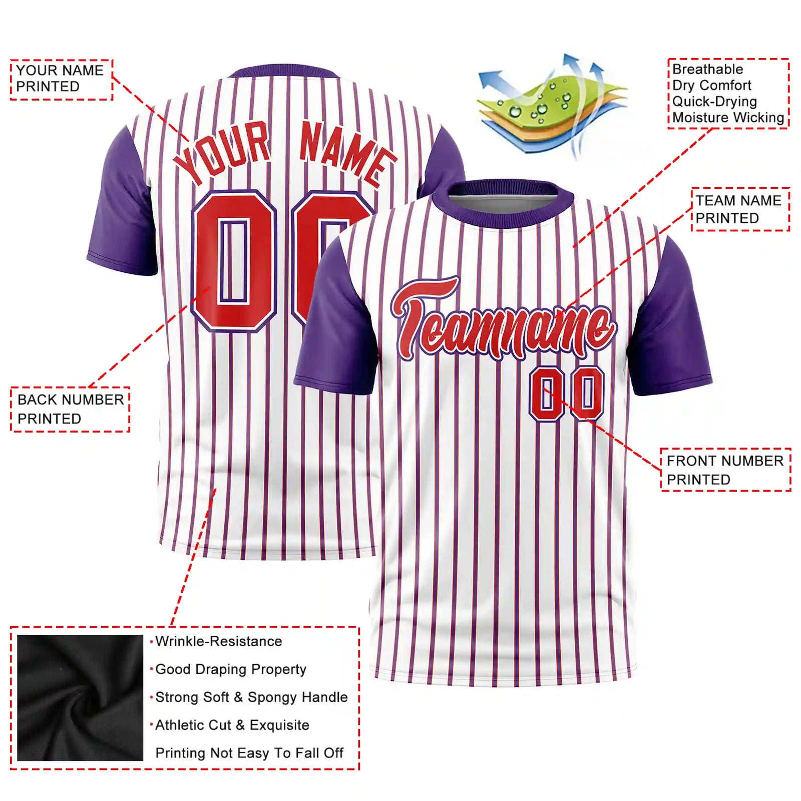 Custom White Red-Purple Pinstripe Pattern Design Performance T-Shirt