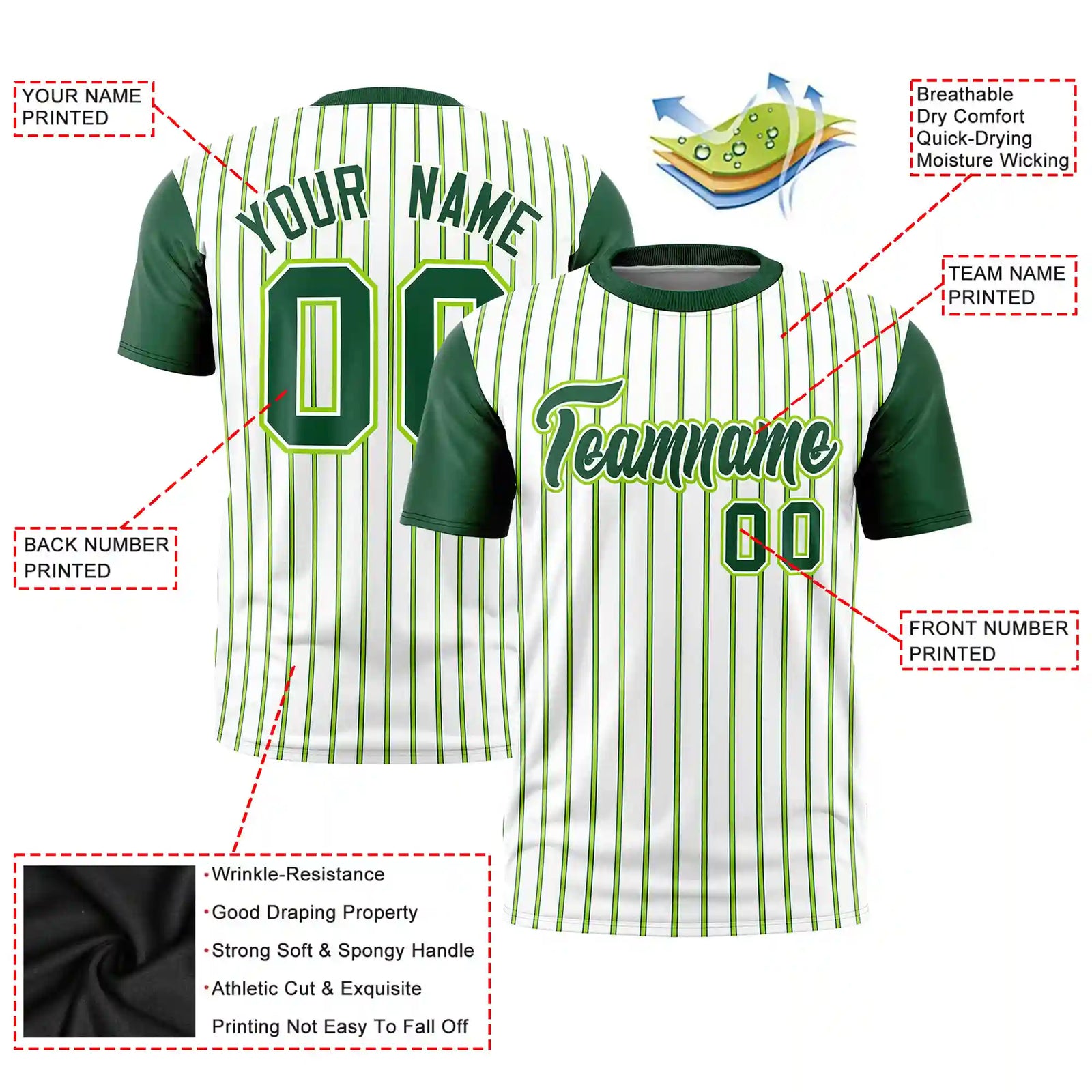 Custom White Neon Green-Green Pinstripe Pattern Design Performance T-Shirt
