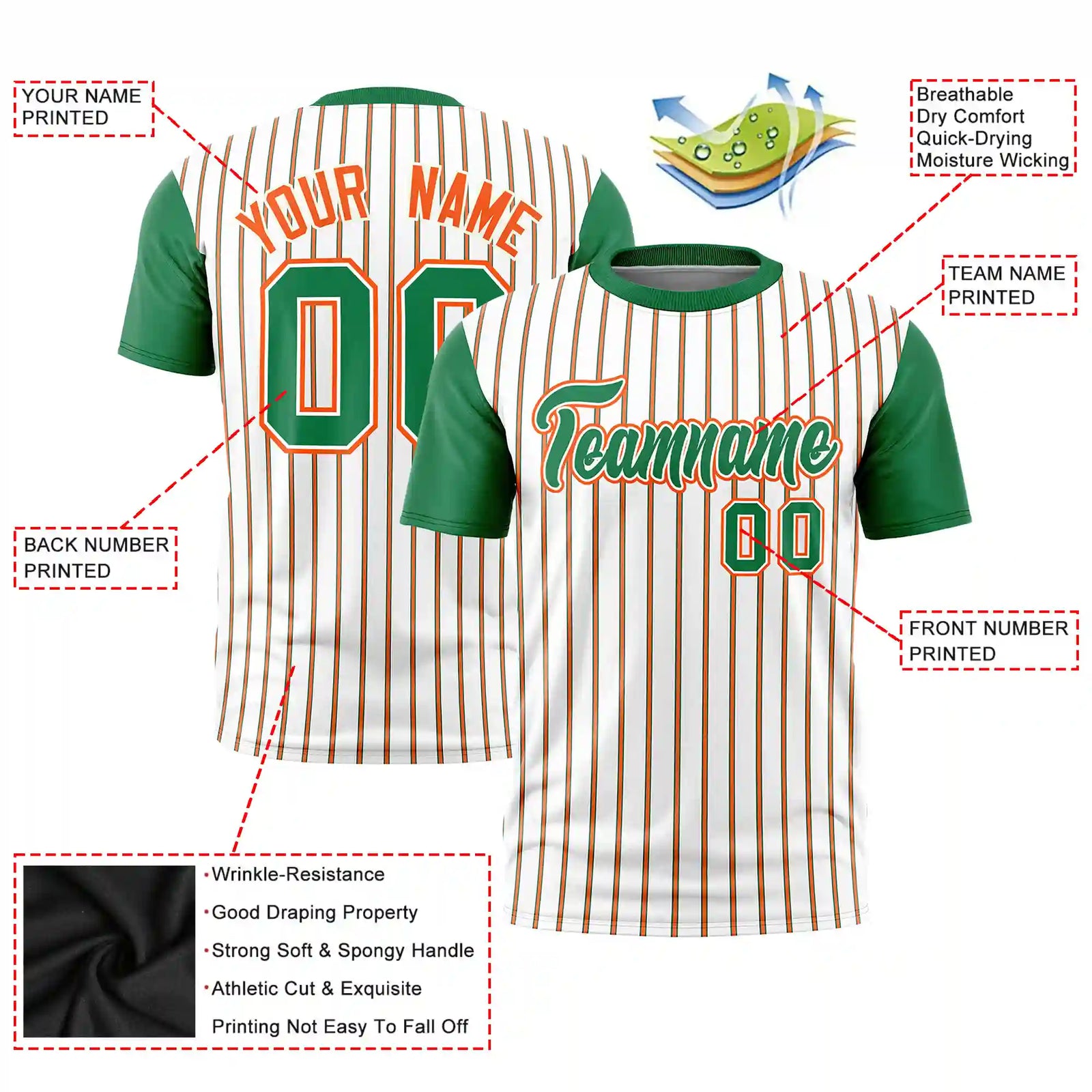 Custom White Orange-Kelly Green Pinstripe Pattern Design Performance T-Shirt