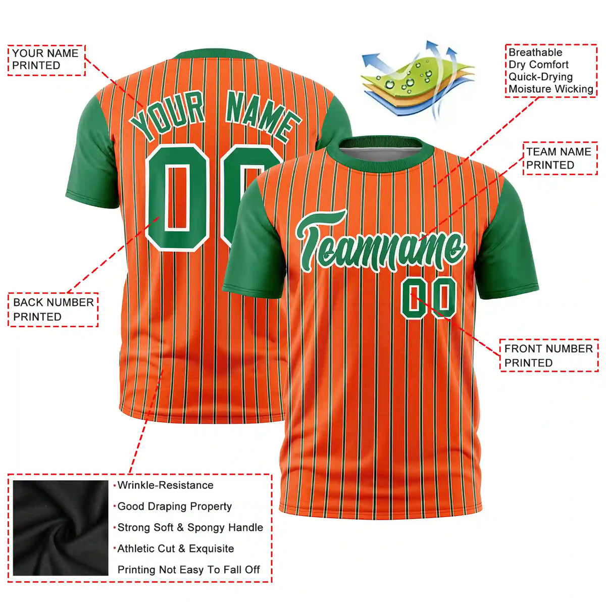 Custom Orange White-Kelly Green Pinstripe Pattern Design Performance T-Shirt