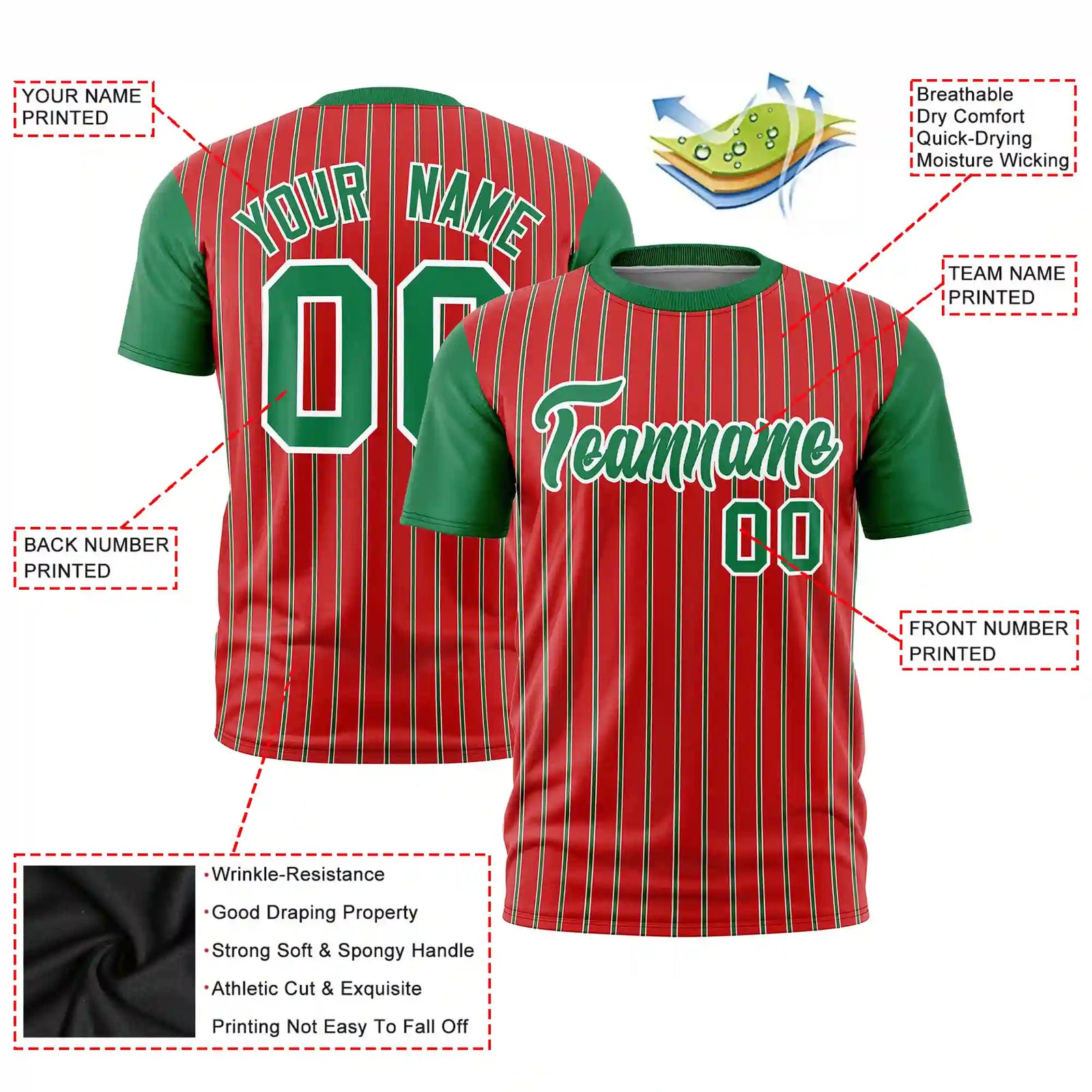 Custom Red White-Kelly Green Pinstripe Pattern Design Performance T-Shirt