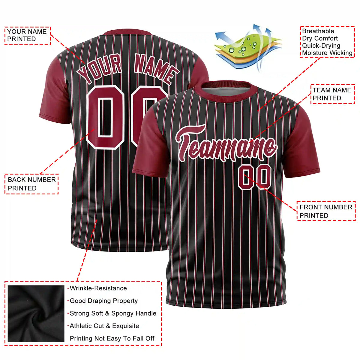 Custom Black White-Crimson Pinstripe Pattern Design Performance T-Shirt