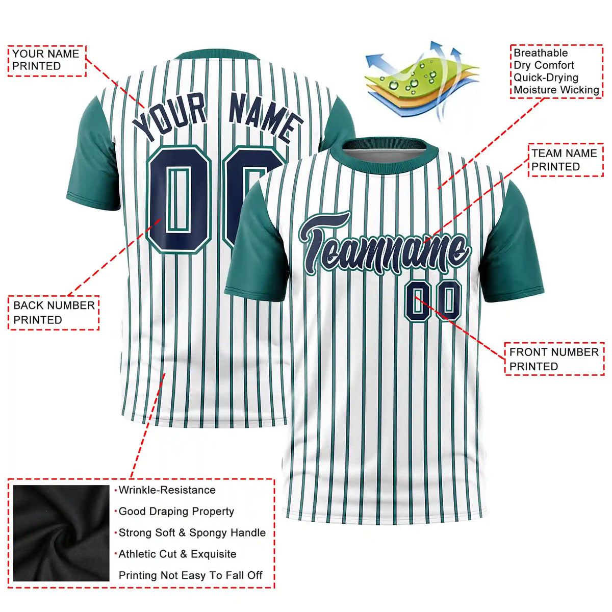 Custom White Navy-Aqua Pinstripe Pattern Design Performance T-Shirt